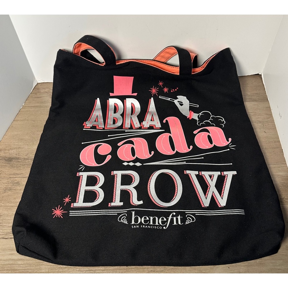 Benefit Cosmetics Black Tote Bag Abra‎ Cadabra Brow Coral Pink Trim Makeup NWOT